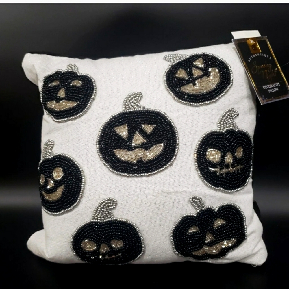 Spooky Night Halloween Jack Pumpkin Faces White Silver & Black Beaded Pillow 12"